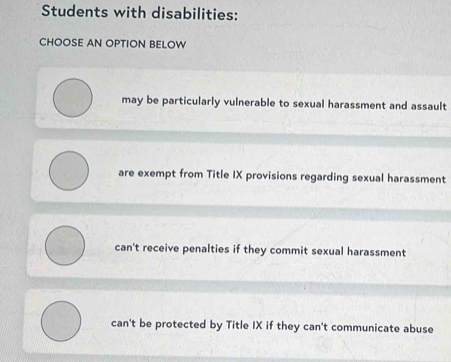 Students with disabilities:
CHOOSE AN OPTION BELOW
may be particularly vulnerable to sexual harassment and assault
are exempt from Title IX provisions regarding sexual harassment
can't receive penalties if they commit sexual harassment
can't be protected by Title IX if they can't communicate abuse