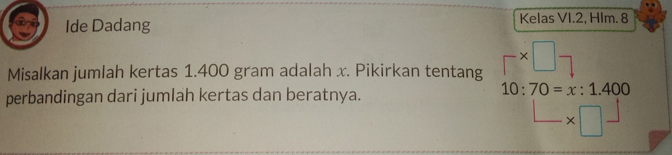 Ide Dadang 
Kelas VI.2, Hlm. 8 
Misalkan jumlah kertas 1.400 gram adalah x. Pikirkan tentang □ * □ -
perbandingan dari jumlah kertas dan beratnya.
10:70=x:1.400
×