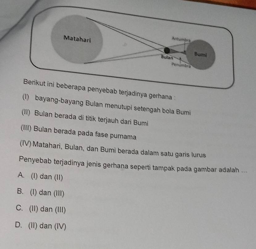 Berikut ini beberapa penyebab terjadinya gerhana 
(I) bayang-bayang Bulan menutupi setengah bola Bumi
(II) Bulan berada di titik terjauh dari Bumi
(III) Bulan berada pada fase purnama
(IV) Matahari, Bulan, dan Bumi berada dalam satu garis lurus
Penyebab terjadinya jenis gerhana seperti tampak pada gambar adalah ...
A. (I) dan (II)
B. (I) dan (III)
C. (II) dan (III)
D. (II) dan (IV)