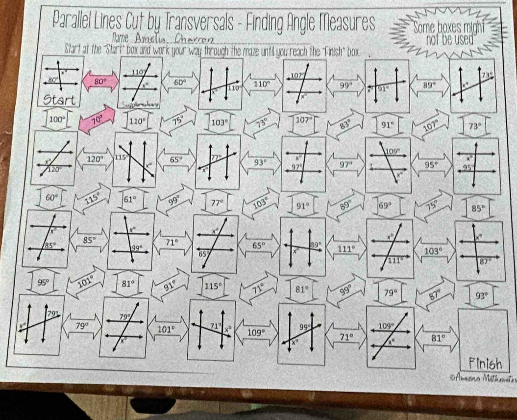 Parallel Lines Cut by Transversals - Finding Angle Measures Some boxes migh
Name Amélia Cherren not be used
h
Amaons Mâthemates
