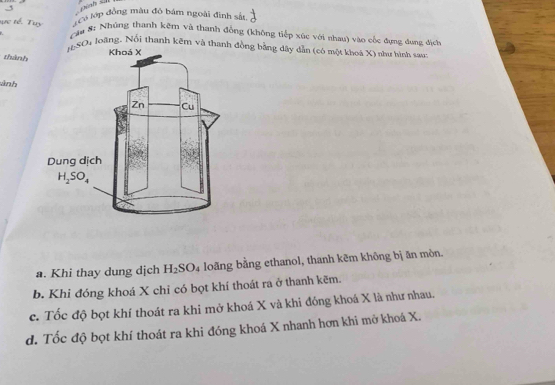 pinh s
Xó lợp đồng màu đỏ bám ngoài đình sắt d
tực tế. Tuy  Căa #: Nhúng thanh kẽm và thanh đồng (không tiếp xúc với nhau) vào cốc đựng dung địch
JSO, loãng. Nổi thanh kêm và thanh đồng bằng dây dẫn (có một khoá X) như hình sau
thành
ảnh
a. Khi thay dung dịch H_2SO_4 loãng bằng ethanol, thanh kẽm không bị ăn mòn.
b. Khi đóng khoá X chỉ có bọt khí thoát ra ở thanh kẽm.
c. Tốc độ bọt khí thoát ra khi mở khoá X và khi đóng khoá X là như nhau.
d. Tốc độ bọt khí thoát ra khi đóng khoá X nhanh hơn khi mở khoá X.