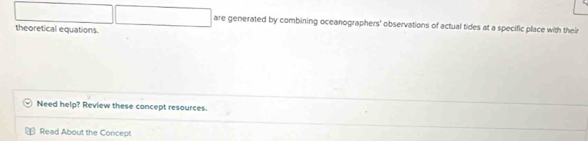 are generated by combining oceanographers' observations of actual tides at a specific place with their 
theoretical equations. 
Need help? Review these concept resources. 
Read About the Concept