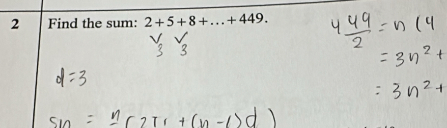 Find the sum: 2+5+8+...+449.