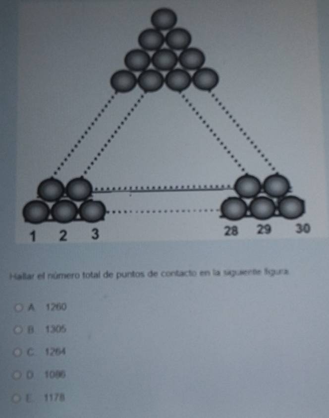 Hallar el número total de puntos de contacto en la siguiente lgura
A 1260
B. 1305
C. 1264
D 1006
E. 1178