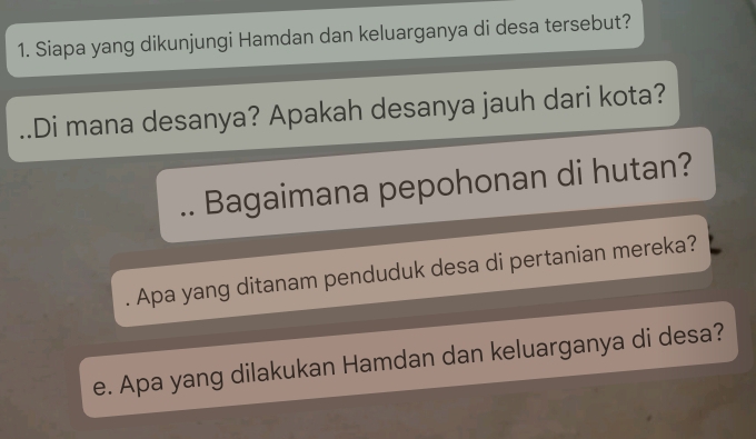 Siapa yang dikunjungi Hamdan dan keluarganya di desa tersebut? 
Di mana desanya? Apakah desanya jauh dari kota? 
.. Bagaimana pepohonan di hutan? 
Apa yang ditanam penduduk desa di pertanian mereka? 
e. Apa yang dilakukan Hamdan dan keluarganya di desa?