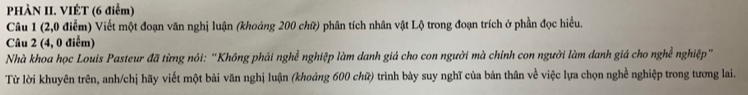 PHÀN II. VIÉT (6 điểm) 
Câu 1 (2,0 điểm) Viết một đoạn văn nghị luận (khoảng 200 chữ) phân tích nhân vật Lộ trong đoạn trích ở phần đọc hiểu. 
Câu 2 (4, 0 điểm) 
Nhà khoa học Louis Pasteur đã từng nói: “Không phải nghề nghiệp làm danh giá cho con người mà chính con người làm danh giá cho nghề nghiệp" 
Từ lời khuyên trên, anh/chị hãy viết một bài văn nghị luận (khoảng 600 chữ) trình bày suy nghĩ của bản thân về việc lựa chọn nghề nghiệp trong tương lai.