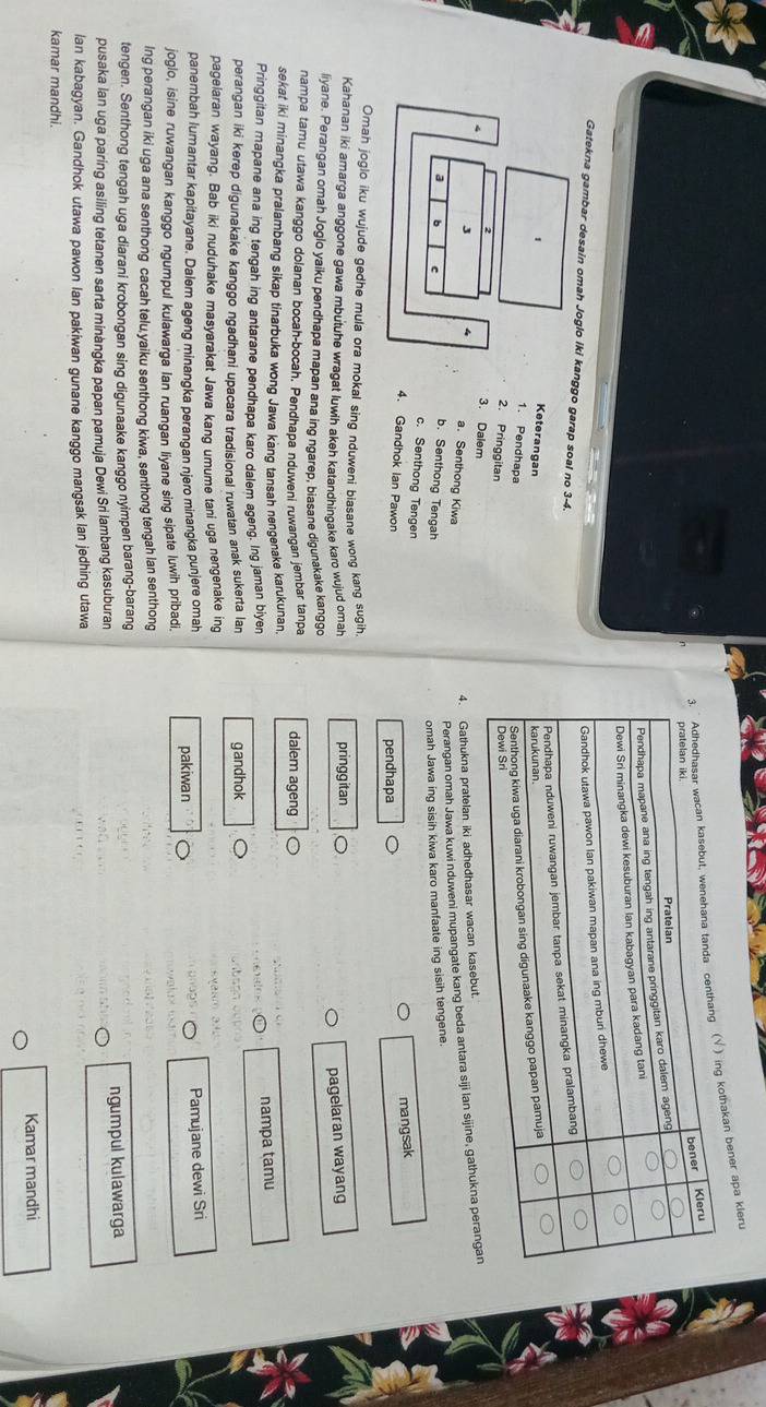 othakan bener apa kleru
Gatekna gambar desain omah Joglo iki kanggo garap soal no 3-4.
1 Keterangan 
1. Pendhapa
2. Pringgitan
4
3. Dalem
J
4. Gathukna pratelan iki adhedhasar wacan kasebut.
a. Senthong Kiwa
Perangan omah Jawa kuwi nduweni mupangate kang beda antara siji lan sijine, gathukna peran
a b c
b. Senthong Tengah
omah Jawa ing sisih kiwa karo manfaate ing sisih tengene.
c. Senthong Tengen
4. Gandhok Ian Pawon
mangsak
pendhapa
Omah joglo iku wujude gedhe mula ora mokal sing nduweni biasane wong kang sugih,
Kahanan iki amarga anggone gawa mbutuhe wragat luwih akeh katandhinqake karo wujud omah pringgitan
pagelaran wayang
liyane. Perangan omah Joglo yaiku pendhapa mapan ana ing ngarep, biasane digunakake kanggo
nampa tamu utawa kanggo dolanan bocah-bocah. Pendhapa nduweni ruwangan jembar tanpa dalem ageng
sekat iki minangka pralambang sikap tinarbuka wong Jawa kang tansah nengenake karukunan.
Pringgitan mapane ana ing tengah ing antarane pendhapa karo dalem ageng. Ing jaman biyen
nampa tamu
perangan iki kerep digunakake kanggo ngadhani upacara tradisional ruwatan anak sukerta lan gandhok
pagelaran wayang. Bab iki nuduhake masyarakat Jawa kang umume tani uga nengenake ing a  m a   
panembah lumantar kapitayane. Dalem ageng minangka perangan njero minangka punjere omah unops
joglo, isine ruwangan kanggo ngumpul kulawarga Ian ruangan liyane sing sipate luwih pribadi, pakiwan Pamujane dewi Sri
Ing perangan iki uga ana senthong cacah telu yaiku senthong kiwa, senthong tengah lan senthong
tengen. Senthong tengah uga diarani krobongan sing digunaake kanggo nyimpen barang-barang
pusaka lan uga paring asiling tetanen sarta minàngka papan pamuja Dewi Sri lambang kasuburan ngumpul kulawarga
ian kabagyan. Gandhok utawa pawon lan pakiwan gunane kanggo mangsak lan jedhing utawa
kamar mandhi.
Kamar mandhi