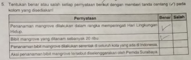 Tentukan benar alau salah setiap pernyataan benkut dengan memben tanda centang (√) pada 
kolom yang disediakan!