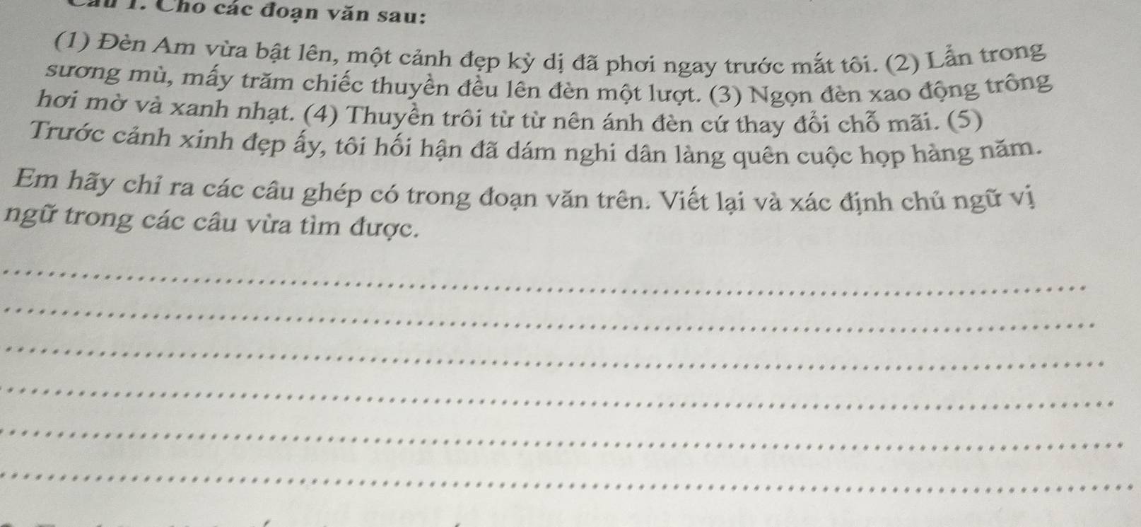 Cho các đoạn văn sau: 
(1) Đèn Am vừa bật lên, một cảnh đẹp kỳ dị đã phơi ngay trước mắt tôi. (2) Lẫn trong 
sương mù, mấy trăm chiếc thuyền đều lên đèn một lượt. (3) Ngọn đèn xao động trông 
hơi mờ và xanh nhạt. (4) Thuyền trôi từ từ nên ánh đèn cứ thay đổi chỗ mãi. (5) 
Trước cảnh xinh đẹp ấy, tôi hối hận đã dám nghi dân làng quên cuộc họp hàng năm. 
Em hãy chỉ ra các câu ghép có trong đoạn văn trên. Viết lại và xác định chủ ngữ vị 
ngữ trong các câu vừa tìm được. 
_ 
_ 
_ 
_ 
_ 
_