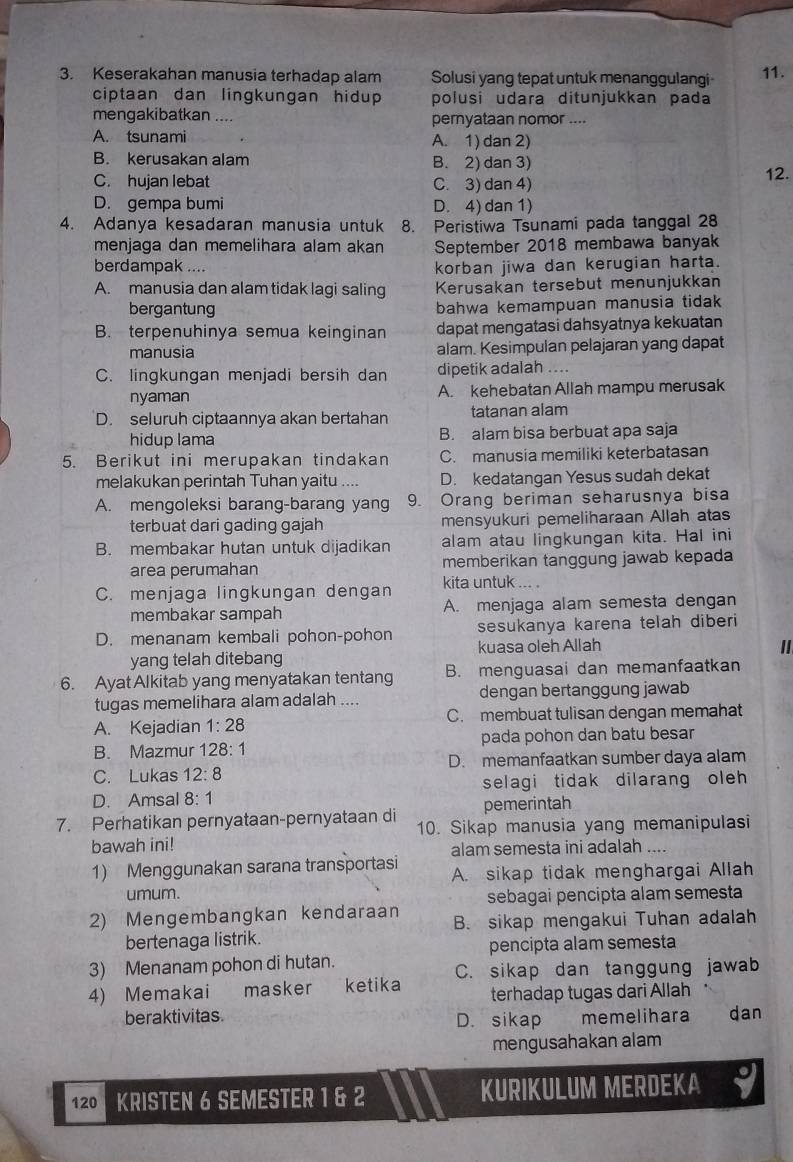 Keserakahan manusia terhadap alam Solusi yang tepat untuk menanggulangi 11.
ciptaan dan lingkungan hidup polusi udara ditunjukkan pada
mengakibatkan .... pernyataan nomor ....
A. tsunami A. 1) dan 2)
B. kerusakan alam B. 2) dan 3)
C. hujan lebat C. 3) dan 4) 12.
D. gempa bumi D. 4) dan 1)
4. Adanya kesadaran manusia untuk 8. Peristiwa Tsunami pada tanggal 28
menjaga dan memelihara alam akan September 2018 membawa banyak
berdampak .... korban jiwa dan kerugian harta.
A. manusia dan alam tidak lagi saling Kerusakan tersebut menunjukkan
bergantung bahwa kemampuan manusia tidak
B. terpenuhinya semua keinginan dapat mengatasi dahsyatnya kekuatan
manusia alam. Kesimpulan pelajaran yang dapat
C. lingkungan menjadi bersih dan dipetik adalah ….
nyaman A. kehebatan Allah mampu merusak
D. seluruh ciptaannya akan bertahan tatanan alam
hidup lama B. alam bisa berbuat apa saja
5. Berikut ini merupakan tindakan C. manusia memiliki keterbatasan
melakukan perintah Tuhan yaitu .... D. kedatangan Yesus sudah dekat
A. mengoleksi barang-barang yang 9. Orang beriman seharusnya bisa
terbuat dari gading gajah mensyukuri pemeliharaan Allah atas
B. membakar hutan untuk dijadikan alam atau lingkungan kita. Hal ini
area perumahan memberikan tanggung jawab kepada
C. menjaga lingkungan dengan kita untuk ... .
membakar sampah A. menjaga alam semesta dengan
D. menanam kembali pohon-pohon sesukanya karena telah diberi 
yang telah ditebang kuasa oleh Allah
I
6. Ayat Alkitab yang menyatakan tentang B. menguasai dan memanfaatkan
tugas memelihara alam adalah .... dengan bertanggung jawab
A. Kejadian 1:28 C. membuat tulisan dengan memahat
B. Mazmur 128:1 pada pohon dan batu besar
C. Lukas 12:8 D. memanfaatkan sumber daya alam
selagi tidak dilarang oleh
D. Amsal 8:1
pemerintah
7. Perhatikan pernyataan-pernyataan di 10. Sikap manusia yang memanipulasi
bawah ini! alam semesta ini adalah ....
1) Menggunakan sarana transportasi A. sikap tidak menghargai Allah
umum.
sebagai pencipta alam semesta
2) Mengembangkan kendaraan B. sikap mengakui Tuhan adalah
bertenaga listrik.
pencipta alam semesta
3) Menanam pohon di hutan.
4) Memakai masker ketika C. sikap dan tanggung jawab
terhadap tugas dari Allah
beraktivitas D. sikap memelihara dan
mengusahakan alam
120 KRISTEN 6 SEMESTER 1 & 2 KURIKULUM MERDEKA