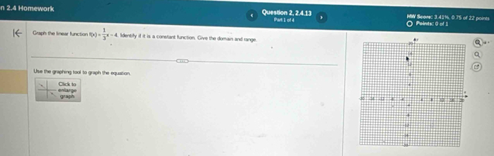 2.4 Homework Question 2, 2,4.13 HW Score: 3.41%, 0.75 of 22 points Points: 0 of 1 
Part 1 of 4 
Graph the linear function f(x)= 1/3 x-4. Identify if it is a constant function. Give the domain and range 
B 
Use the graphing tool to graph the equation. 
Click to enlarge 
graph