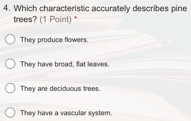 Which characteristic accurately describes pine
trees? (1 Point) *
They produce flowers.
They have broad, flat leaves.
They are deciduous trees.
They have a vascular system.