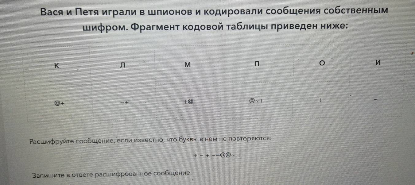 Вася и Πетя играли в шпионов и Κодировали сообщения собственным
шиφром. Φрагмент кодовой τаблицы πриведен ниже:
Расшифруйте сообшение, если известно, что буквы в нем не ловторяίотся:
+sim +sim +@(a)sim +
Запишите в ответе расшиφрованное сообшение.