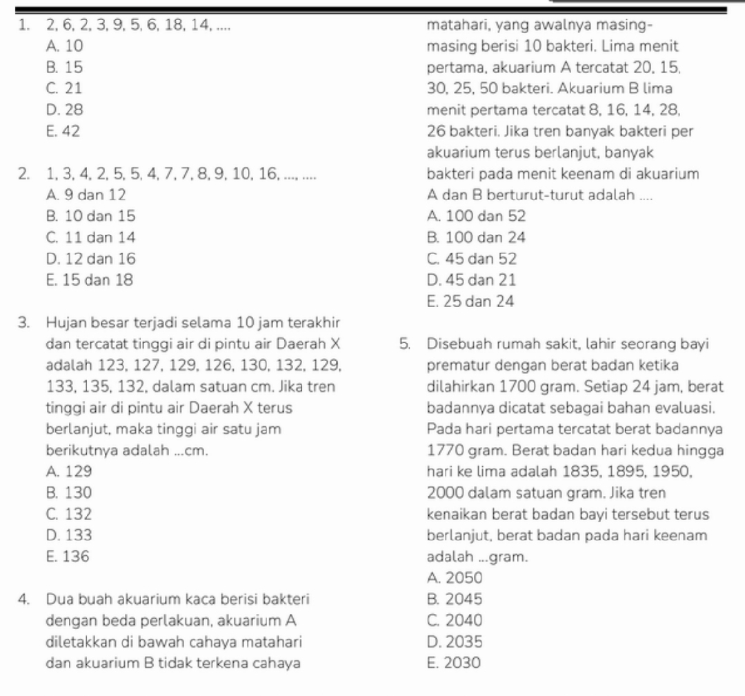 2, 6, 2, 3, 9, 5, 6, 18, 14, .... matahari, yang awalnya masing-
A. 10 masing berisi 10 bakteri. Lima menit
B. 15 pertama, akuarium A tercatat 20. 15.
C. 21 30, 25, 50 bakteri. Akuarium B lima
D. 28 menit pertama tercatat 8, 16, 14, 28,
E. 42 26 bakteri, Jika tren banyak bakteri per
akuarium terus berlanjut, banyak
2. 1, 3, 4, 2, 5, 5, 4, 7, 7, 8, 9, 10, 16, ..., .... bakteri pada menit keenam di akuarium
A. 9 dan 12 A dan B berturut-turut adalah ....
B. 10 dan 15 A. 100 dan 52
C. 11 dan 14 B. 100 dan 24
D. 12 dan 16 C. 45 dan 52
E. 15 dan 18 D. 45 dan 21
E. 25 dan 24
3. Hujan besar terjadi selama 10 jam terakhir
dan tercatat tinggi air di pintu air Daerah X 5. Disebuah rumah sakit, lahir seorang bayi
adalah 123, 127, 129, 126, 130, 132, 129, prematur dengan berat badan ketika
133, 135, 132, dalam satuan cm. Jika tren dilahirkan 1700 gram. Setiap 24 jam, berat
tinggi air di pintu air Daerah X terus badannya dicatat sebagai bahan evaluasi.
berlanjut, maka tinggi air satu jam Pada hari pertama tercatat berat badannya
berikutnya adalah ...cm. 1770 gram. Berat badan hari kedua hingga
A. 129 hari ke lima adalah 1835, 1895, 1950,
B. 130 2000 dalam satuan gram. Jika tren
C. 132 kenaikan berat badan bayi tersebut terus
D. 133 berlanjut, berat badan pada hari keenam
E. 136 adalah ...gram.
A. 2050
4. Dua buah akuarium kaca berisi bakteri B. 2045
dengan beda perlakuan, akuarium A C. 2040
diletakkan di bawah cahaya matahari D. 2035
dan akuarium B tidak terkena cahaya E. 2030