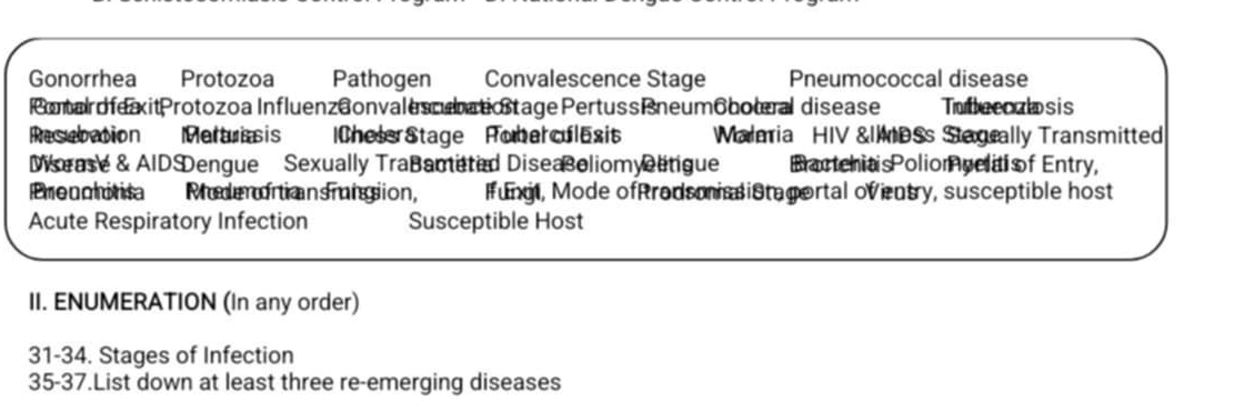 Gonorrhea Protozoa Pathogen Convalescence Stage Pneumococcal disease
Ponaro feit Protozoa Influenz@onval es ubatiostage Pertuss Bneum 6botral disease Tuteccalosis
Resebation Mertrissis CheseStage FoberculExit Walmia HIV &IDSs Stagrally Transmitted
Wsease & AIDSDengue Sexually TraBacteted DiseaBoliomyeltigue BartchiasPolio pcltiof Entry,
Prennhitita Mederoriansrangiion, fungl, Mode ofProdsmniss istagortal oVentry, susceptible host
Acute Respiratory Infection Susceptible Host
II. ENUMERATION (In any order)
31-34. Stages of Infection
35-37.List down at least three re-emerging diseases