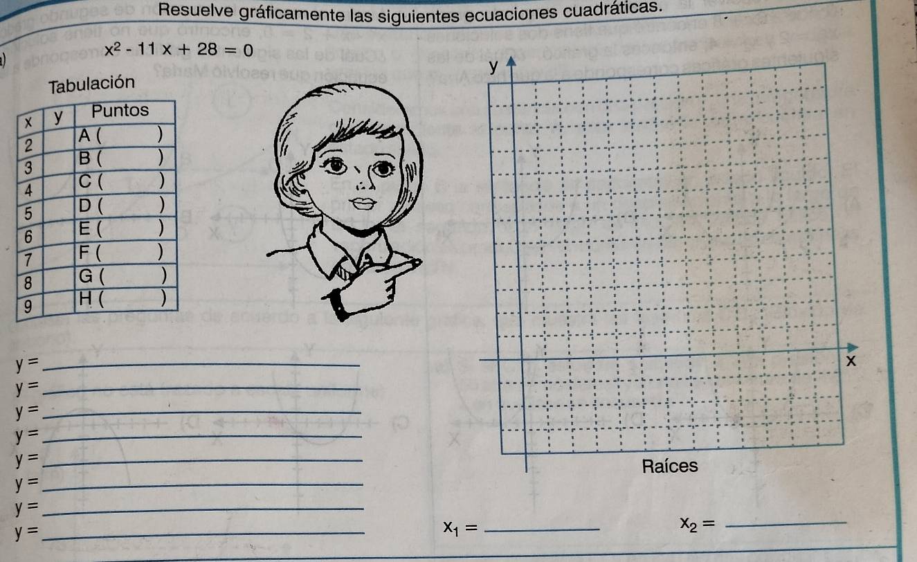 Resuelve gráficamente las siguientes ecuaciones cuadráticas.
x^2-11x+28=0
Tabulación
y= _
y= _
y= _ 
_ y=
y= _ 
_ y=
_ y=
_ y=
_ x_1=
X_2= _