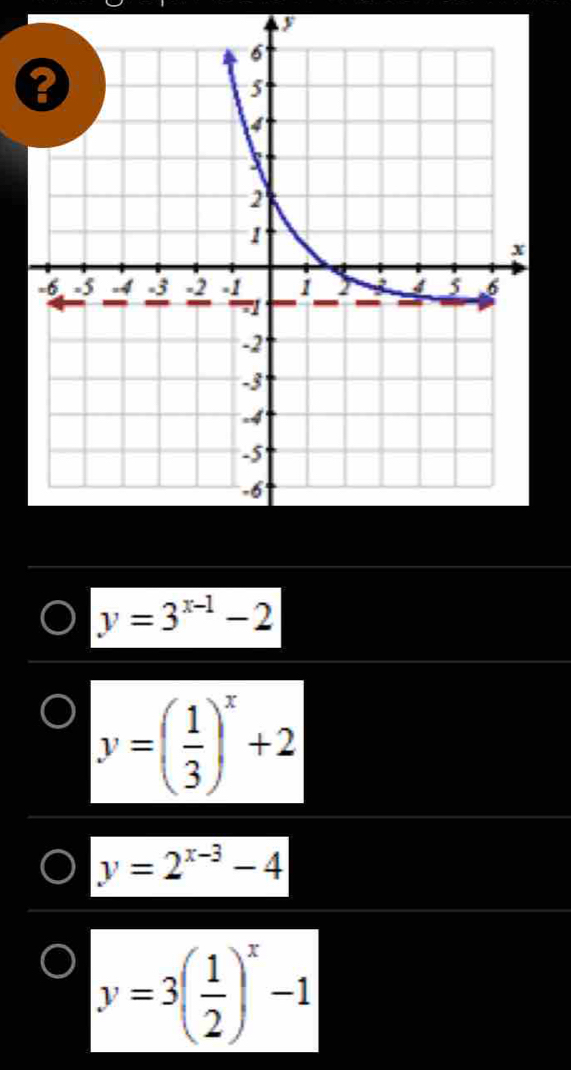 y=3^(x-1)-2
y=( 1/3 )^x+2
y=2^(x-3)-4
y=3( 1/2 )^x-1