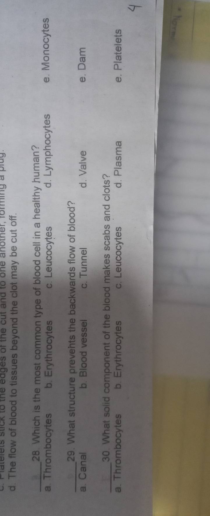 lalelets stick to the edges of the cut and to one another, forming a plug.
d. The flow of blood to tissues beyond the clot may be cut off.
_28. Which is the most common type of blood cell in a healthy human?
a. Thrombocytes b. Erythrocytes c. Leucocytes d. Lymphocytes e. Monocytes
_29. What structure prevents the backwards flow of blood?
a. Canal b. Blood vessel c. Tunnel d. Valve e. Dam
_30. What solid component of the blood makes scabs and clots?
a. Thrombocytes b. Erythrocytes c. Leucocytes d. Plasma e. Platelets