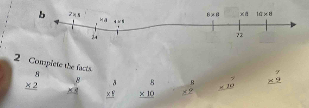 Complete the facts.
beginarrayr 8 * 2 hline endarray beginarrayr 8 * 4 hline endarray beginarrayr 8 * 8 hline endarray beginarrayr 8 * 10 hline endarray beginarrayr 8 * 9 hline endarray
beginarrayr 7 * 10 hline endarray beginarrayr 7 * 9 hline endarray