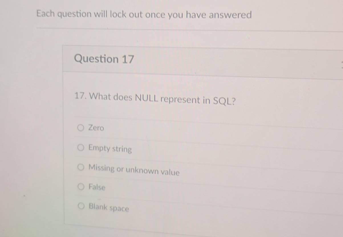 Solved: Each question will lock out once you have answered Question 17 ...