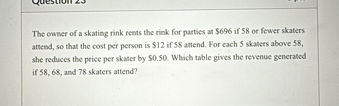 The owner of a skating rink rents the rink for parties at $696 if 58 or fewer skaters 
attend, so that the cost per person is $12 if 58 attend. For each 5 skaters above 58, 
she reduces the price per skater by $0.50. Which table gives the revenue generated 
if 58, 68, and 78 skaters attend?