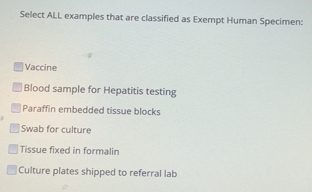 Solved: Select ALL examples that are classified as Exempt Human ...
