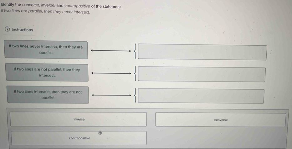 Identify the converse, inverse, and contrapositive of the statement.
If two lines are parallel, then they never intersect.
Instructions
If two lines never intersect, then they are
parallel.
If two lines are not parallel, then they
intersect.
If two lines intersect, then they are not
parallel.
inverse converse
contrapositive