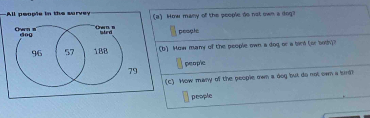 All people in the survey 
(a) How many of the people do not own a dog? 
Own a Own a bird 
dog 
people
96 57 188 (b) How many of the people own a dog or a bird (or both)?
79 people 
(c) How many of the people own a dog but do not own a bird? 
people