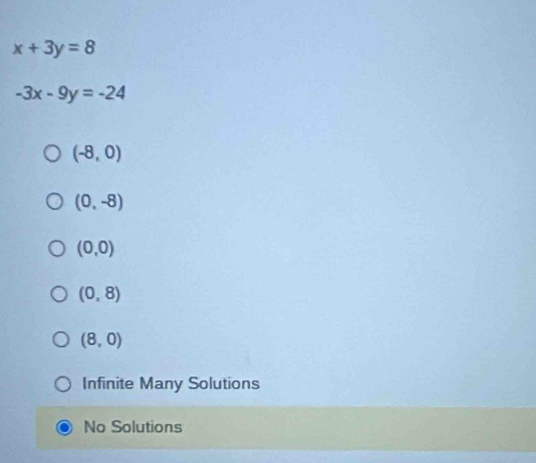 x+3y=8
-3x-9y=-24
(-8,0)
(0,-8)
(0,0)
(0,8)
(8,0)
Infinite Many Solutions
No Solutions