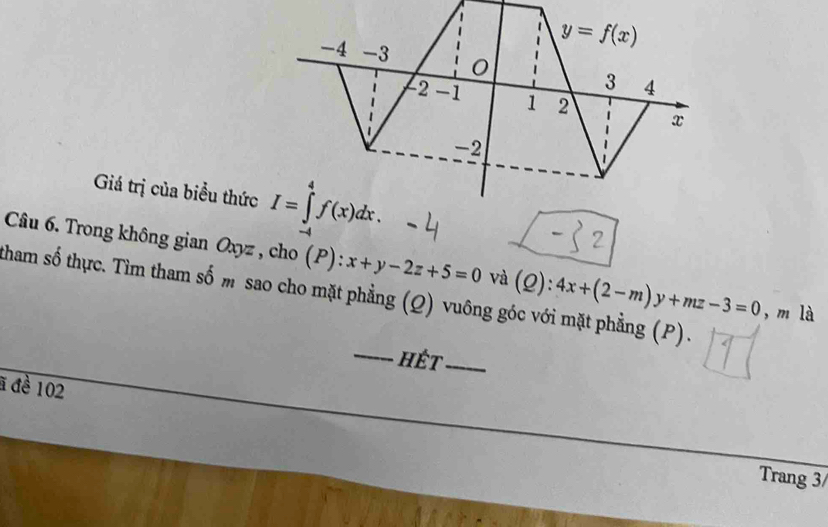 Giá trị của biểu thức
Câu 6. Trong không gian Oxyz , cho (P): x+y-2z+5=0
tham số thực. Tìm tham số m sao cho mặt phẳng (Q) vuông góc với mặt phẳng (P). 4x+(2-m)y+mz-3=0 và (Q):
, m là
_
hết_
ã đề 102
Trang 3/