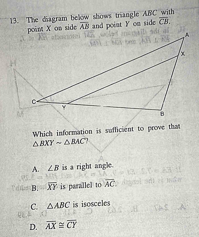 The diagram below shows triangle ABC with
overline AB and point Y on side overline CB. 
Which information is sufficient to prove that
△ BXYsim △ BAC ?
A. ∠ B is a right angle.
B. overline XY is parallel to overline AC.
C. △ ABC is isosceles
D. overline AX≌ overline CY