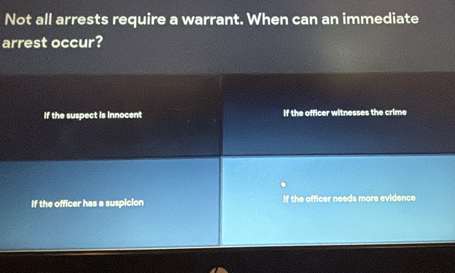 Not all arrests require a warrant. When can an immediate
arrest occur?
If the suspect is innocent if the officer witnesses the crime
if the officer has a suspicion if the officer needs more evidence