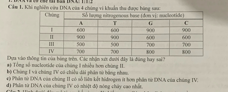 DNAVà có chế tai bản DNA: 1:1:2
Câu 1. Khi nghiên cứu DNA của 4 chủng vi khuẩn thu được bảng sau:
Dựa vào thông tin của bảng trên. Các nhận xét dưới đây là đúng hay sai?
a) Tổng số nucleotide của chủng I nhiều hơn chủng II.
b) Chủng I và chủng IV có chiều dài phân tử bằng nhau.
c) Phân tử DNA của chủng II có số liên kết hidrogen ít hơn phân tử DNA của chủng IV.
d) Phân tử DNA của chủng IV có nhiệt độ nóng chảy cao nhất.