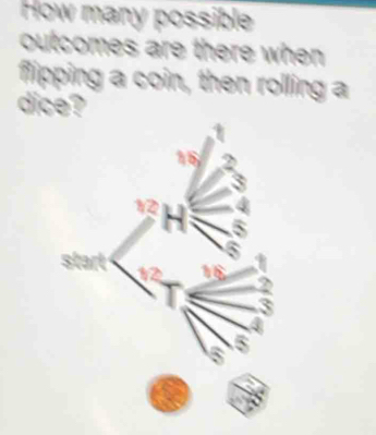 How many possible
outcomes are there when 
flipping a coin, then rolling a
dice?