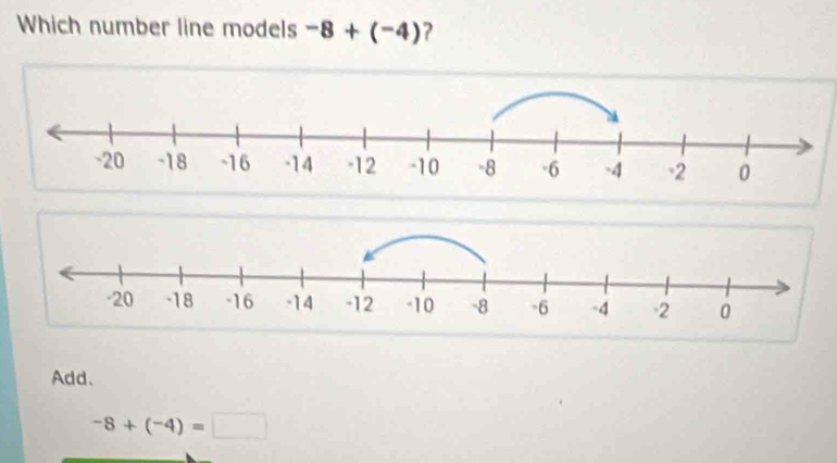 Which number line models -8+(-4) ?
Add、
-8+(-4)=□