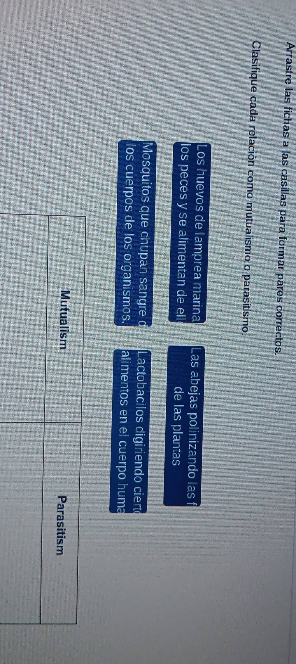 Arrastre las fichas a las casillas para formar pares correctos. 
Clasifique cada relación como mutualismo o parasitismo. 
Los huevos de lamprea marina Las abejas polinizando las 
los peces y se alimentan de ell de las plantas 
Mosquitos que chupan sangre d Lactobacilos digiriendo cierto 
los cuerpos de los organismos. alimentos en el cuerpo huma