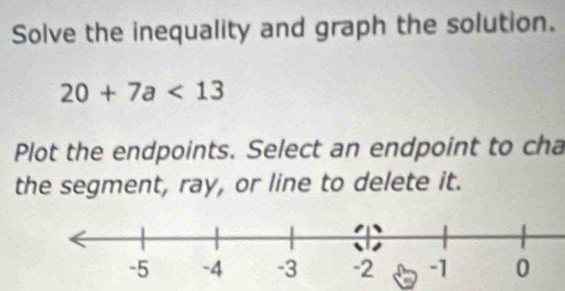 Solve the inequality and graph the solution.
20+7a<13</tex> 
Plot the endpoints. Select an endpoint to cha 
the segment, ray, or line to delete it.