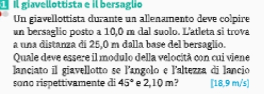 Il giavellottista e il bersaglio 
Un giavellottista durante un allenamento deve colpire 
un bersaglio posto a 10,0 m dal suolo. L'atleta si trova 
a una distanza di 25,0 m dalla base del bersaglio. 
Quale deve essere il modulo della velocità con cui viene 
lanciato il giavellotto se langolo e laltezza di lancio 
sono rispettivamente di 45° e 2,10 m? [18,9 m/s ]