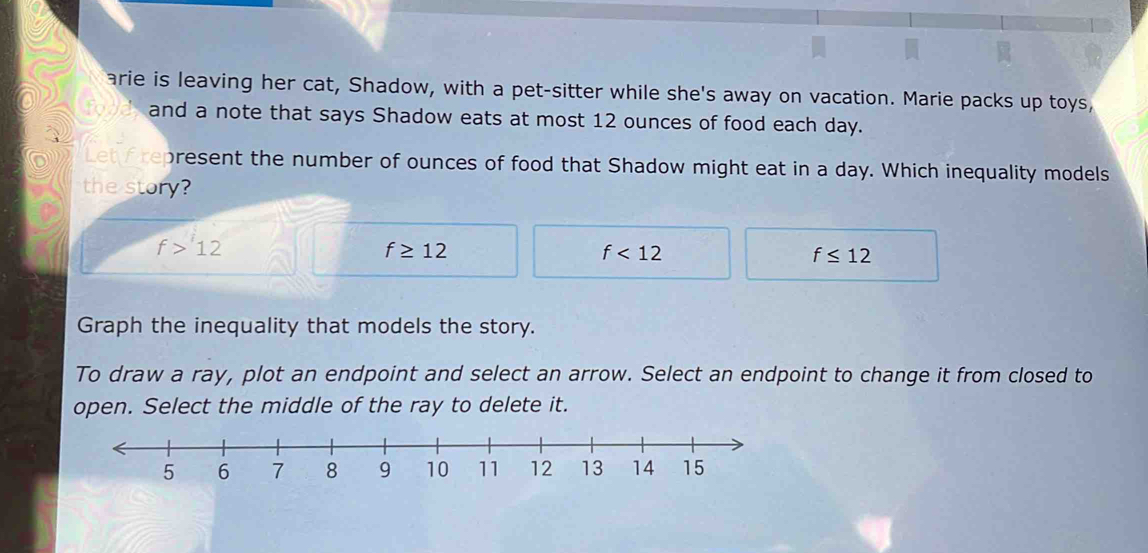 arie is leaving her cat, Shadow, with a pet-sitter while she's away on vacation. Marie packs up toys,
and a note that says Shadow eats at most 12 ounces of food each day.
Let f represent the number of ounces of food that Shadow might eat in a day. Which inequality models
the story?
f>12
f≥ 12
f<12</tex>
f≤ 12
Graph the inequality that models the story.
To draw a ray, plot an endpoint and select an arrow. Select an endpoint to change it from closed to
open. Select the middle of the ray to delete it.