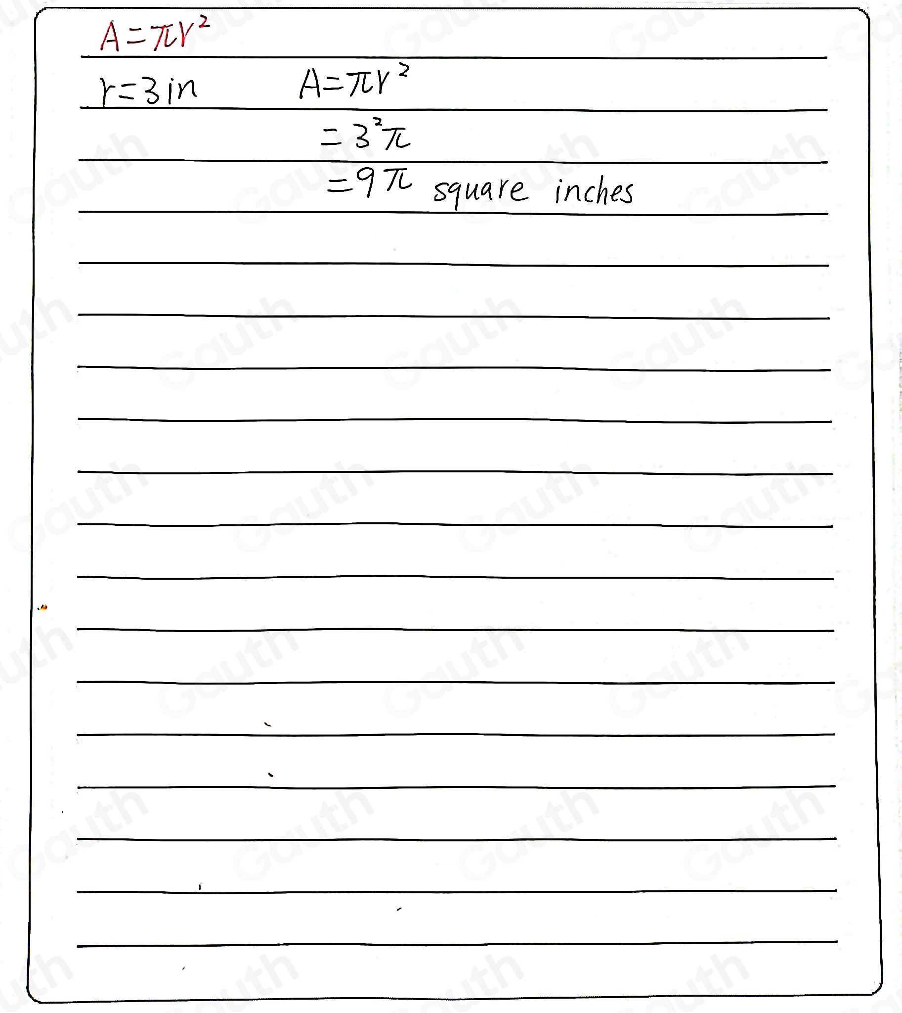 Solved: Use the formula A=π r^2 to find the area of the circle. J In ...