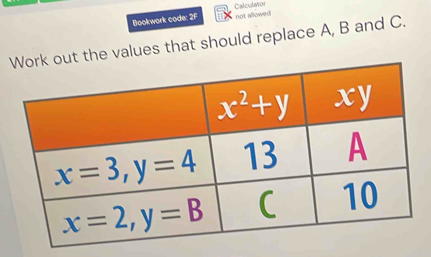 Calculator
Bookwork code: 2F not allowed 
ut the values that should replace A, B and C.