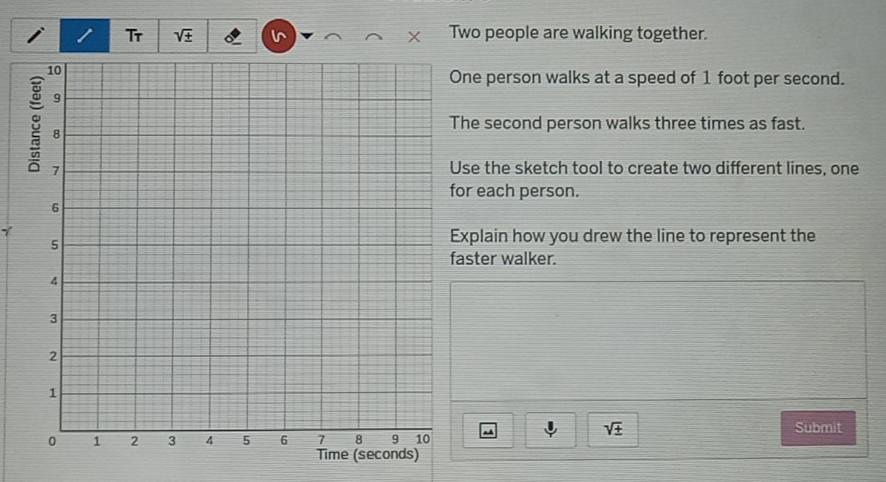 Tr sqrt(± ) Two people are walking together. 
ne person walks at a speed of 1 foot per second. 
he second person walks three times as fast. 
Use the sketch tool to create two different lines, one 
or each person. 
xplain how you drew the line to represent the 
aster walker.
sqrt(± ) Submit