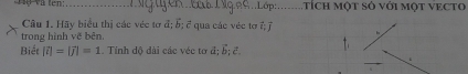 í ch Một Số với MộT VECTO 
Câu 1. Hãy biểu thị các véc tơ đ; b; ở qua các véc tơ 7 h 
trong hình về bên. 
Biết [vector i|=|vector j|=1. Tính dộ dài các véc tơ d; vector b; vector c 1.