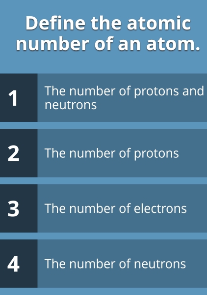 Define the atomic
number of an atom.
1 The number of protons and
neutrons
2 The number of protons
3 The number of electrons
4 I The number of neutrons