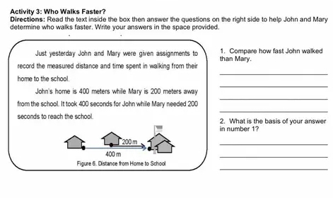 Activity 3: Who Walks Faster? 
Directions: Read the text inside the box then answer the questions on the right side to help John and Mary 
determine who walks faster. Write your answers in the space provided. 
Just yesterday John and Mary were given assignments to than Mary. 1. Compare how fast John walked 
_ 
record the measured distance and time spent in walking from their 
home to the school. 
_ 
_ 
John's home is 400 meters while Mary is 200 meters away 
_ 
from the school. It took 400 seconds for John while Mary needed 200
seconds to reach the school. 2. What is the basis of your answer 
in number 1?
200 m
_ 
_
400 m
_ 
Figure 6. Distance from Home to School