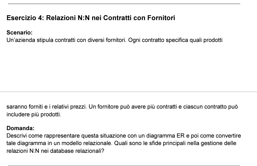 Relazioni N:N nei Contratti con Fornitori 
Scenario: 
Un'azienda stipula contratti con diversi fornitori. Ogni contratto specifica quali prodotti 
saranno forniti e i relativi prezzi. Un fornitore può avere più contratti e ciascun contratto può 
includere più prodotti. 
Domanda: 
Descrivi come rappresentare questa situazione con un diagramma ER e poi come convertire 
tale diagramma in un modello relazionale. Quali sono le sfide principali nella gestione delle 
relazioni N:N nei database relazionali?