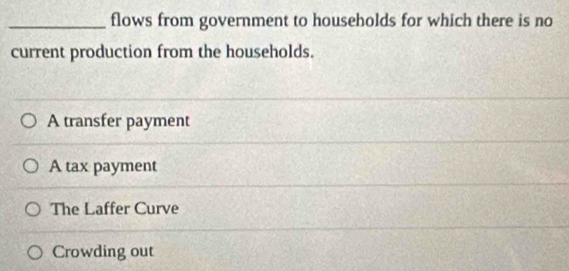 flows from government to households for which there is no
current production from the households.
A transfer payment
A tax payment
The Laffer Curve
Crowding out