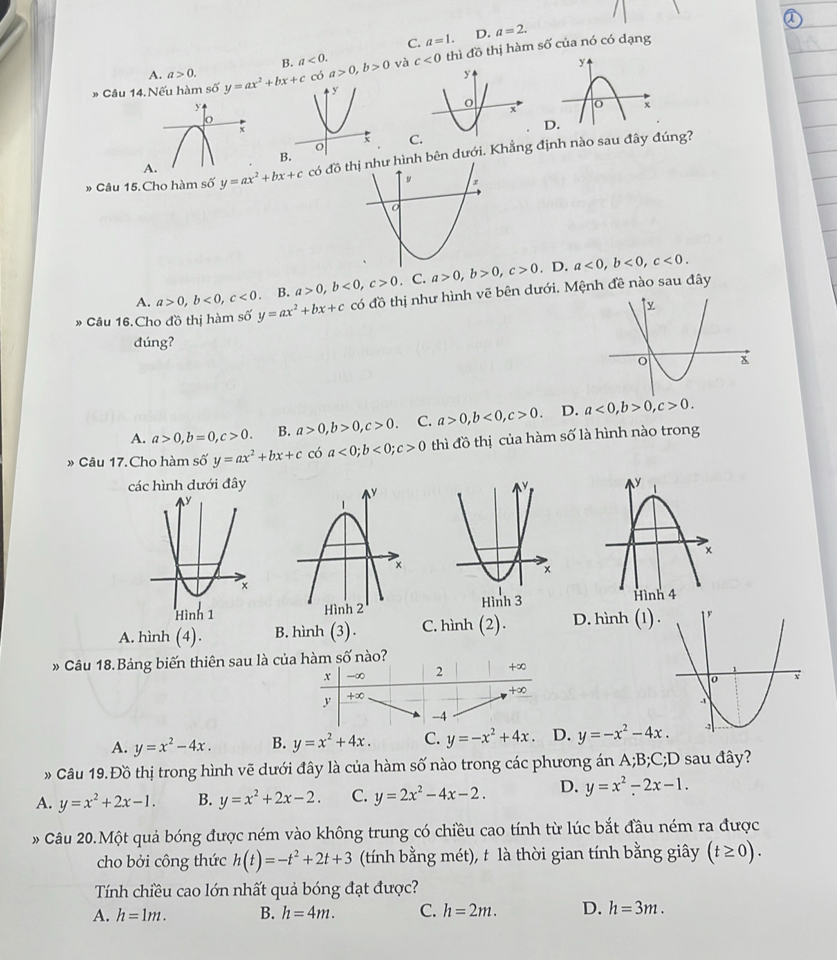 C. a=1. D. a=2.
B. a<0.
» Câu 14. Nếu hàm số y=ax^2+bx+c có a>0,b>0 và c<0</tex> thì đồ thị hàm số của nó có dạng
A. a>0.
C
B
» Câu 15. Cho hàm số y=ax^2+bx+c có đồ thình bên dưới. Khẳng định nào sau đây đúng?
A. D.
A. a>0,b<0,c<0</tex> . B. a>0,b<0,c>0. C. a>0,b>0,c>0 a<0,b<0,c<0.
» Câu 16.Cho đồ thị hàm số y=ax^2+bx+c có đồ thị như hình vẽ bên dưới. Mệnh đề nào sau đây
đúng?
A. a>0,b=0,c>0. B. a>0,b>0,c>0. C. a>0,b<0,c>0 D. a<0,b>0,c>0.
» Câu 17. Cho hàm số y=ax^2+bx+c có a<0;b<0;c>0 thì đồ thị của hàm số là hình nào trong
các hình dưới đây

A. hình (4). B. hình (3). C. hình (2). D. hình (1)
Câu 18. Bảng biến thiên sau là củ
A. y=x^2-4x. B. y=x^2+4x. C. y=-x^2+4x D. y=-x^2-4x.
Câu 19.Đồ thị trong hình vẽ dưới đây là của hàm số nào trong các phương án A;B;C;D sau đây?
A. y=x^2+2x-1. B. y=x^2+2x-2. C. y=2x^2-4x-2. D. y=x^2-2x-1.
Câu 20.Một quả bóng được ném vào không trung có chiều cao tính từ lúc bắt đầu ném ra được
cho bởi công thức h(t)=-t^2+2t+3 (tính bằng mét), t là thời gian tính bằng giây (t≥ 0).
Tính chiều cao lớn nhất quả bóng đạt được?
A. h=1m. B. h=4m. C. h=2m. D. h=3m.