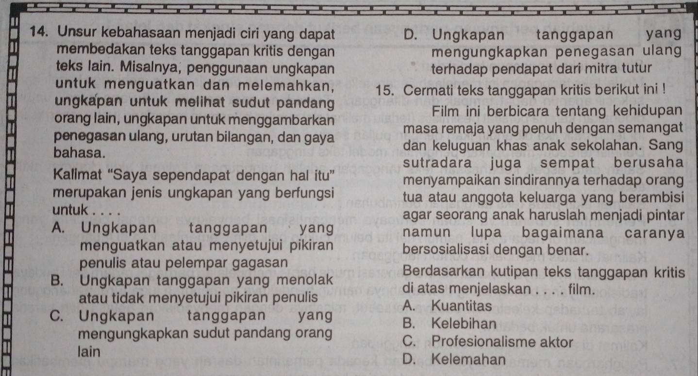 Unsur kebahasaan menjadi ciri yang dapat D. Ungkapan tanggapan yang
membedakan teks tanggapan kritis dengan mengungkapkan penegasan ulang
teks lain. Misalnya, penggunaan ungkapan terhadap pendapat dari mitra tutur
untuk menguatkan dan melemahkan, 15. Cermati teks tanggapan kritis berikut ini !
ungkapan untuk melihat sudut pandang 
Film ini berbicara tentang kehidupan
orang lain, ungkapan untuk menggambarkan
masa remaja yang penuh dengan semangat
penegasan ulang, urutan bilangan, dan gaya
bahasa. dan keluguan khas anak sekolahan. Sang
sutradara juga sempat berusaha
Kalimat “Saya sependapat dengan hal itu”
menyampaikan sindirannya terhadap orang
merupakan jenis ungkapan yang berfungsi tua atau anggota keluarga yang berambisi
untuk . . . . agar seorang anak haruslah menjadi pintar
A. Ungkapan tanggapan yang namun lupa bagaimana caranya
menguatkan atau menyetujui pikiran bersosialisasi dengan benar.
penulis atau pelempar gagasan Berdasarkan kutipan teks tanggapan kritis
B. Ungkapan tanggapan yang menolak
di atas menjelaskan . . . . film.
atau tidak menyetujui pikiran penulis
A. Kuantitas
C. Ungkapan tanggapan yang
B. Kelebihan
mengungkapkan sudut pandang orang C. Profesionalisme aktor
lain
D. Kelemahan