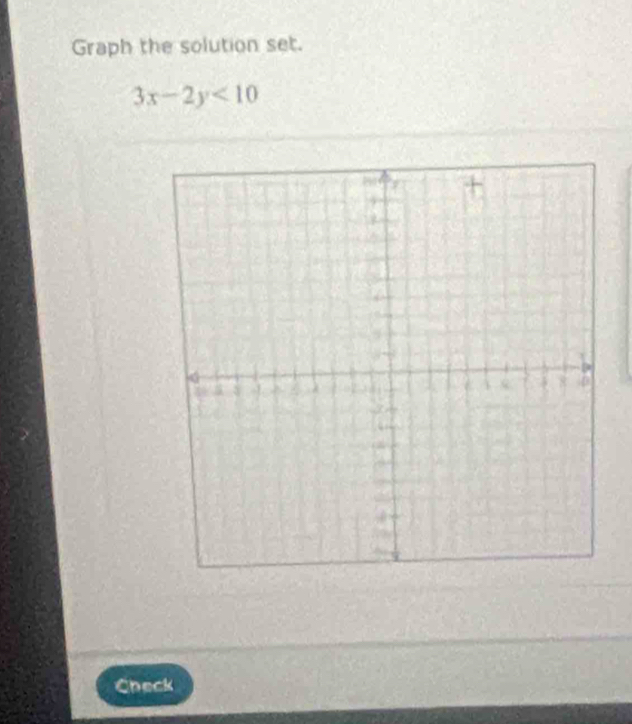 Graph the solution set.
3x-2y<10</tex> 
Check